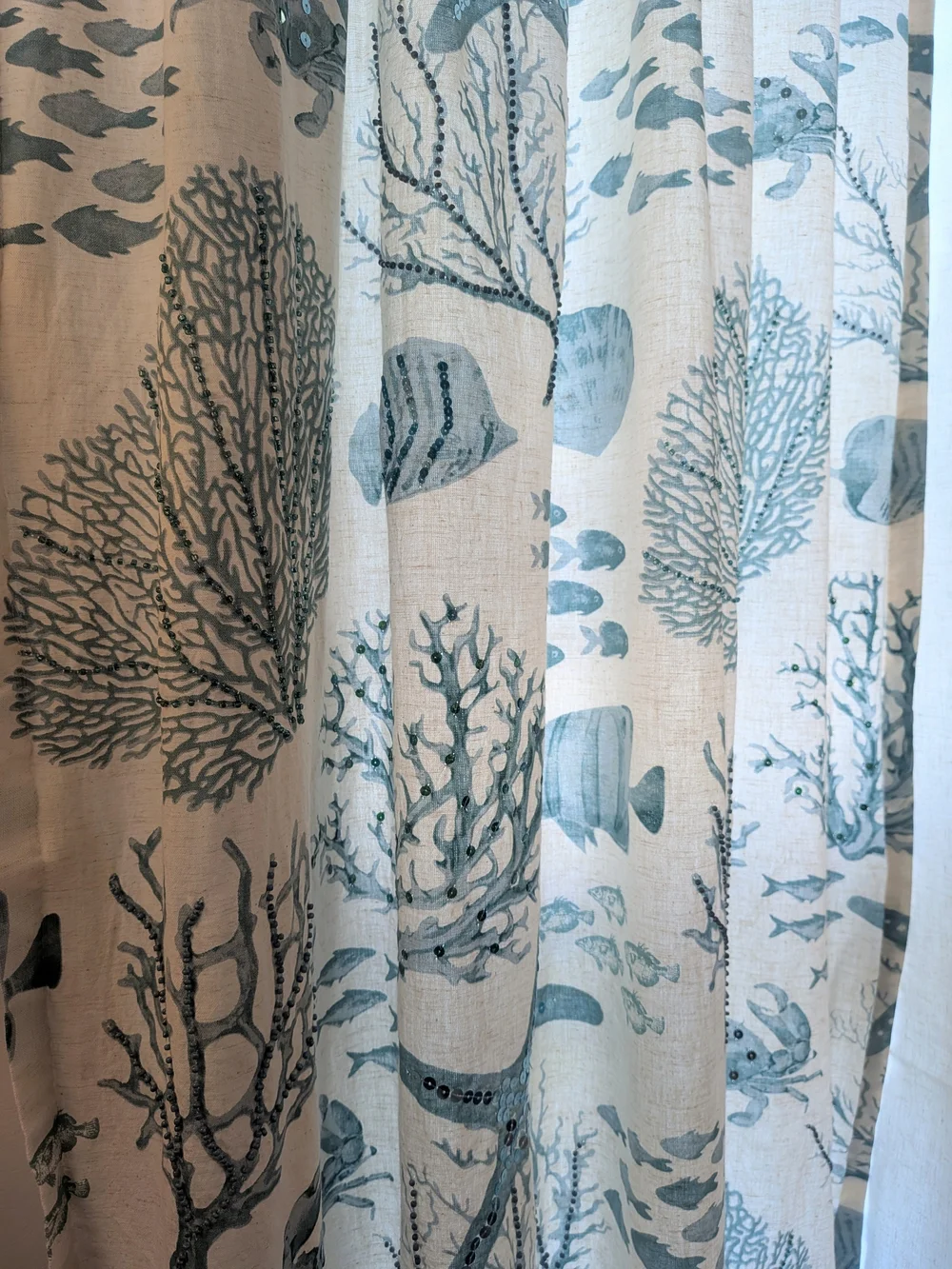Pier 1 Coastal Beaded & Sequined Coral Curtain Panel Linen Blend Blue White